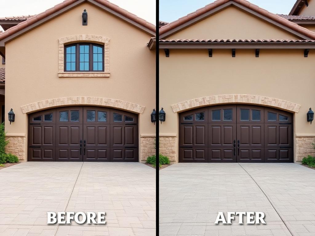 Before and after Tuscan inspired garage door installation with decorative stone surround