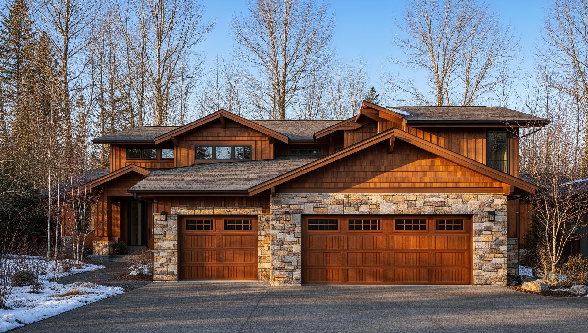Beautiful Tuscan-inspired garage doors with stone surround on Pacific Northwest home
