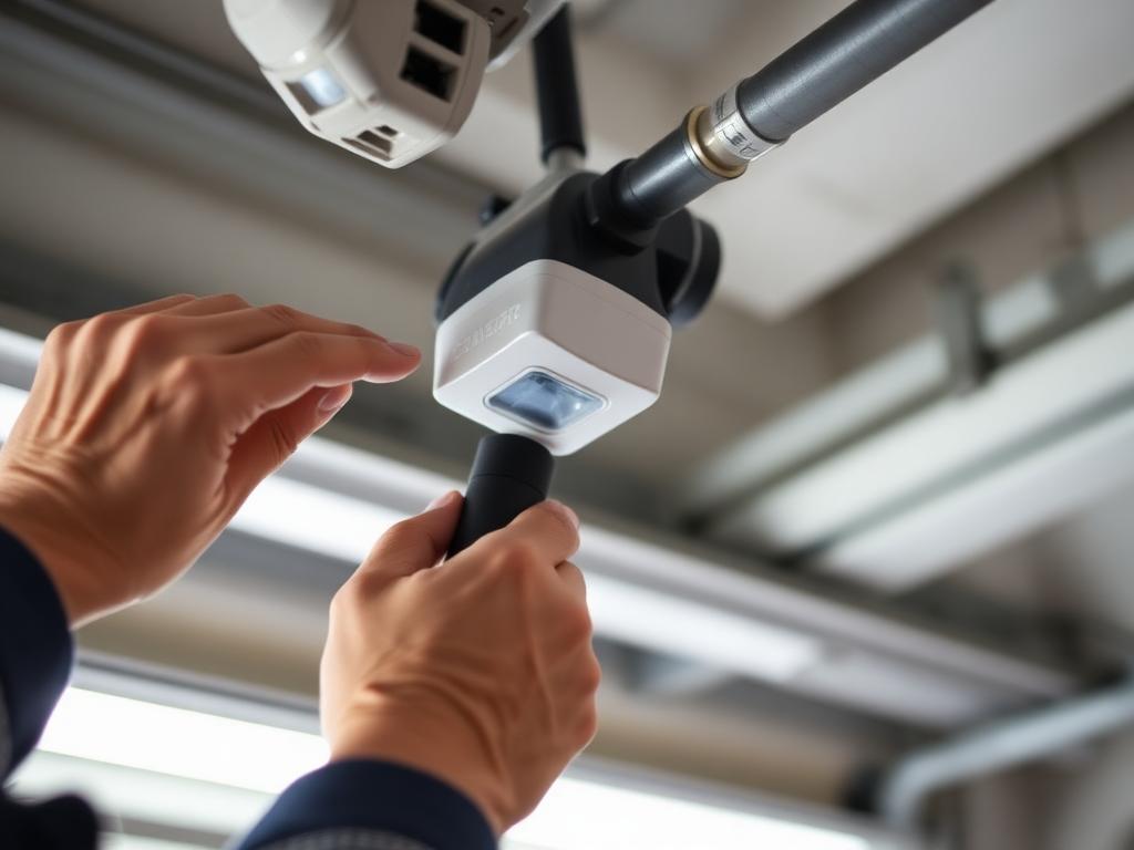 Professional technician calibrating garage door safety sensors with precision equipment